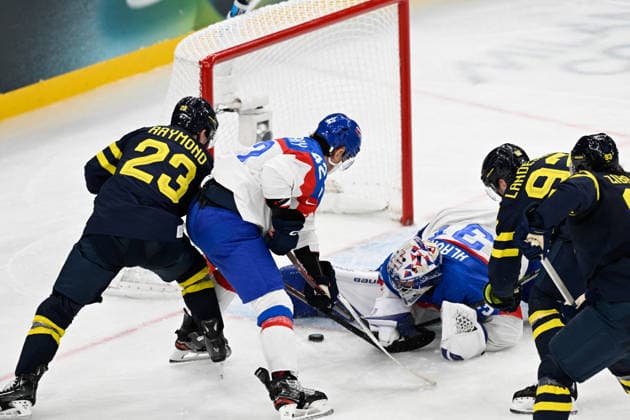 Winter Olympics - Men s Ice hockey, Eishockey - Sweden v Slovakia Lucas Raymond 23 of Team Sweden, Martin Fehervary 42 of Team Slovakia and Samuel Hlavaj 31 of Team Slovakia during the men s ice hockey game between Sweden and Slovakia during the 2026 Winter Olympics on February 14, 2026 in Milan, Italy. Photo by JMP ABACAPRESS.COM Milan Italy  Copyright: xJMP ABACAx