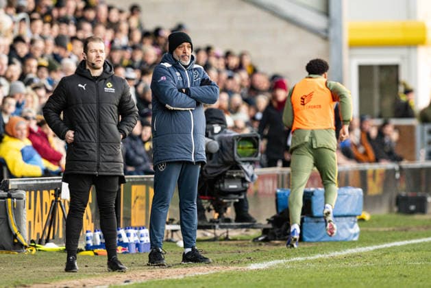 14th February 2026; Pirelli Stadium, Burton, West Staffordshire, England; FA Cup Football, Burton Albion versus West Ham United; West Ham Head Coach Nuno Espirito Santo watches play  GodfreyxPitt Content restricted for UK based newspaper