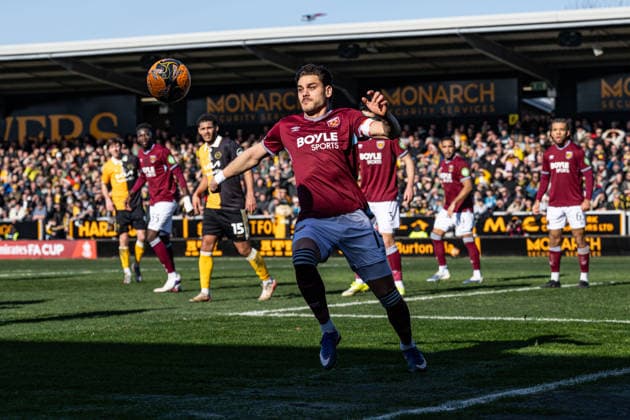 14th February 2026; Pirelli Stadium, Burton, West Staffordshire, England; FA Cup Football, Burton Albion versus West Ham United; Konstantinos Mavropanos of West Ham prevents a corner  GodfreyxPitt Content restricted for UK based newspaper