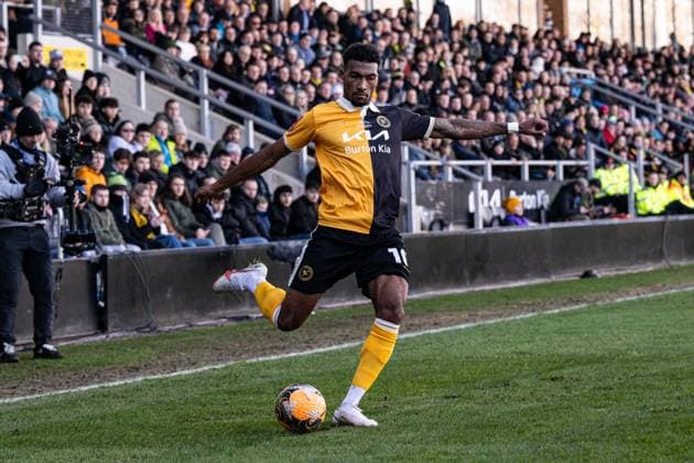 14th February 2026; Pirelli Stadium, Burton, West Staffordshire, England; FA Cup Football, Burton Albion versus West Ham United; Tyrese Shade of Burton Albion looks to cross the ball into the box  GodfreyxPitt Content restricted for UK based newspaper
