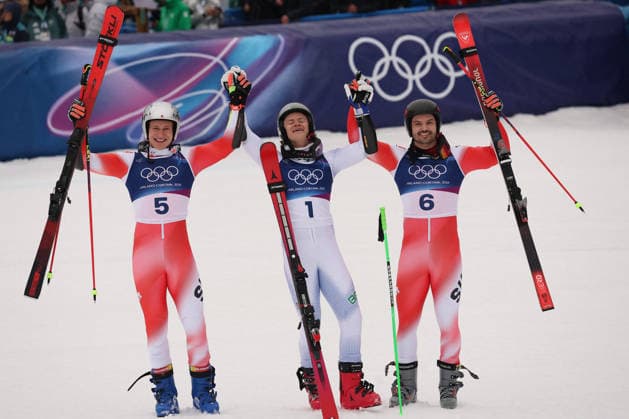 GIOCHI OLIMPICI - Olimpiadi Invernali Milano-Cortina 2026 - Alpine Skiing Men s Giant Slalom Marco Odermatt (SUI) Lucas Pinheiro Braathen )BRA) Loic Meillard (SUI) Bormio Italy  Copyright: xIPAxSport ABACAx