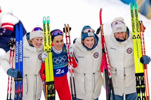 OLYMPICS - Winter Olympic Games, Olympische Spiele, Olympia, OS Milano Cortina 2026 TESERO,ITALY,14.FEB.26 - OLYMPICS, NORDIC SKIING, CROSS COUNTRY SKIING - Winter Olympic Games Milano Cortina 2026, 4X7.5km relay, women. Image shows Karoline Simpson-Larsen, Heidi Weng, Kristin Austgulen Fosnaes and Astrid Oeyre Slind (NOR).  GEPAxpictures xMatthiasxTrinkl