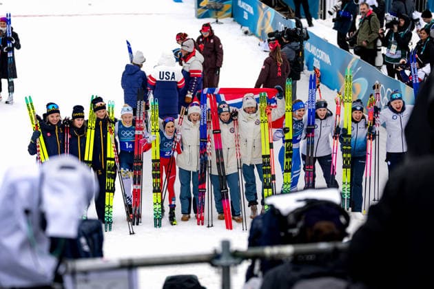 OLYMPICS - Winter Olympic Games, Olympische Spiele, Olympia, OS Milano Cortina 2026 TESERO,ITALY,14.FEB.26 - OLYMPICS, NORDIC SKIING, CROSS COUNTRY SKIING - Winter Olympic Games Milano Cortina 2026, 4X7.5km relay, women. Image shows Linn Svahn, Ebba Andersson, Frida Karlsson and Jonna Sundling (SWE), Karoline Simpson-Larsen, Heidi Weng, Kristin Austgulen Fosnaes and Astrid Oeyre Slind (NOR), Johanna Matintalo, Kerttu Niskanen, Vilma Ryytty and Jasmi Joensuu (FIN).  GEPAxpictures xMatthiasxTrinkl