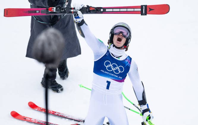 OLYMPICS - Winter Olympic Games, Olympische Spiele, Olympia, OS Milano Cortina 2026 BORMIO,ITALY,14.FEB.26 - OLYMPICS, ALPINE SKIING - Winter Olympic Games Milano Cortina 2026, giant slalom, men. Image shows the rejoicing of Lucas Pinheiro Braathen (BRA).  GEPAxpictures xHaraldxSteiner