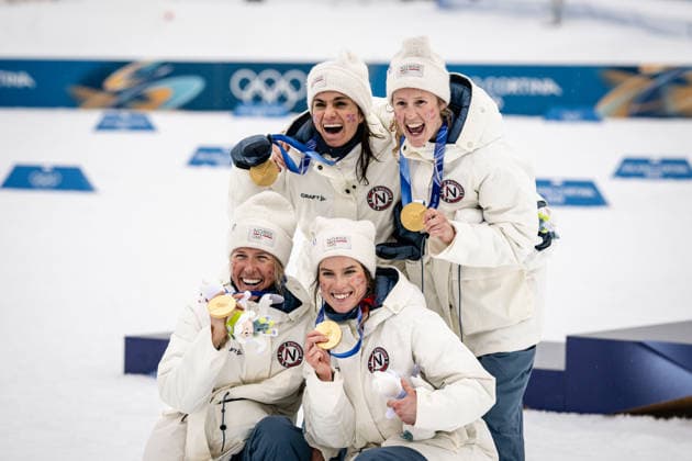 Team Noway with Goldmedal competes in the Womens 4 x 7.5 km Relay cross-country skiing event at the Olympic Winter games, Winterspiele,Spiele, Summer games Milano Cortina 2026 at the Tesero Cross-Country Skiing Stadium, Tesero, Italy, on February 14, 2026 in Aktion beim 4 x 7,5 km Staffelrennen der Frauen im Skilanglauf bei den Olympischen Winterspielen Milano Cortina 2026 im Tesero Cross-Country Skiing Stadium, Tesero, Italien, am 14. Februar 2026. *** Team Noway with Goldmedal competes in the Womens 4 x 7 5 km Relay cross country skiing event at the Olympic Winter Games Milano Cortina 2026 at the Tesero Cross Country Skiing Stadium, Tesero, Italy, on February 14, 2026 in action at the Womens 4 x 7.5 km Relay cross country skiing event at the Olympic Winter Games Milano Cortina 2026 at the Tesero Cross Country Skiing Stadium, Tesero, Italy, on February 14, 2026 Copyright: HMBxMedia MarcxNiemeyer