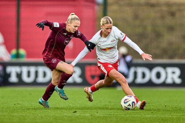 14 02 2026, GER, Womens Soccer, BL, 2025 2026, RB Leipzig 1 FC Nürnberg Marlene Müller 27, RB Leipzig , action, with ball, duel Leipzig training center of the Red Bull Saxony Germany