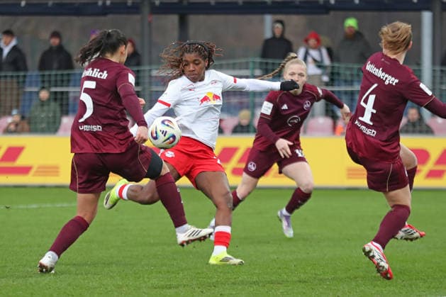 Google Pixel Womens Bundesliga, RB Leipzig 1 FC Nuremberg 14 02 2026 Delice Boboy 17, RB Leipzig takes a shot from soccer, Google Pixel Womens Bundesliga, Season 2025 2026, 18 Matchday RB Leipzig vs 1 FC Nuremberg on 14 02 2026, Training Center Cottaweg, Leipzig DFB REGULATIONS PROHIBIT ANY USE OF PHOTOGRAPHS AS IMAGE SEQUENCES AND OR QUASI VIDEO Copyright: xBEAUTIFULxSPORTS JanxKaeferx