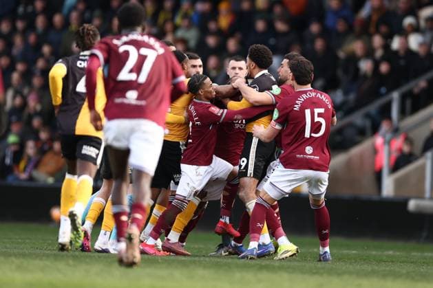 Burton Albion and West Ham players clash Burton Albion v West Ham United, Emirates FA Cup, Fourth Round, Football, Pirelli Stadium, Burton upon Trent, UK - 14 Feb 2026Burton upon Trent Pirelli Stadium United Kingdom EDITORIAL USE ONLY No use with unauthorised audio, video, data, fixture lists, club league logos or live services. Online in-match use limited to 120 images, no video emulation. No use in betting, games or single club league player publications. Copyright: xRyanxBrowne Shutterstockx 16608141bl
