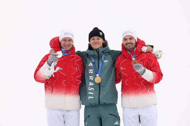 GIOCHI OLIMPICI - Olimpiadi Invernali Milano-Cortina 2026 - Alpine Skiing Men s Giant Slalom Marco Odermatt (SUI) Lucas Pinheiro Braathen )BRA) Loic Meillard (SUI) Bormio Italy  Copyright: xIPAxSport ABACAx