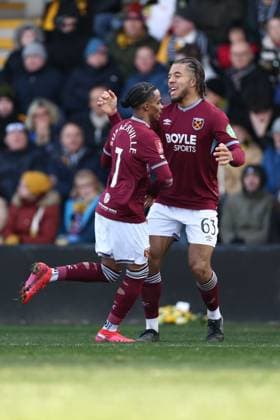 Crysencio Summerville of West Ham United and Ezra Mayers of West Ham United celebrate. Burton Albion v West Ham United, Emirates FA Cup, Fourth Round, Football, Pirelli Stadium, Burton upon Trent, UK - 14 Feb 2026Burton upon Trent Pirelli Stadium United Kingdom EDITORIAL USE ONLY No use with unauthorised audio, video, data, fixture lists, club league logos or live services. Online in-match use limited to 120 images, no video emulation. No use in betting, games or single club league player publications. Copyright: xRyanxBrowne Shutterstockx 16608141bx