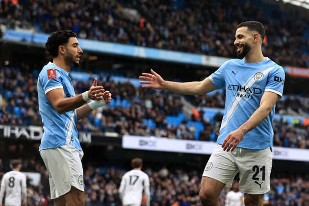 14th February 2026; Etihad Stadium, Manchester, Lancashire, England; FA Cup Football, Manchester City versus Salford City ; Omar Marmoush of Manchester City celebrates with team mate Rayan Ait-Nouri after scoring for 1-0 after 6 minutes  DavidxBlunsden Content restricted for UK based newspaper