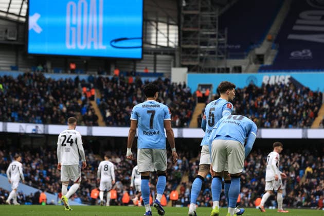 14th February 2026; Etihad Stadium, Manchester, Lancashire, England; FA Cup Football, Manchester City versus Salford City ; Omar Marmoush of Manchester City celebrates after scoring for 1-0 after 6 minutes  DavidxBlunsden Content restricted for UK based newspaper