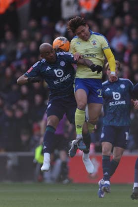 Football - 2025 2026 Emirates FA Cup - Round 4 - Southampton vs Leicester City - St Mary™s Stadium - Saturday 14th February 2026 Jordan Ayew of Leicester City and Kuryu Matsuki of Southampton challenge for the ball the FA Cup match at St Mary™s Stadium COLORSPORT Shaun Boggust 