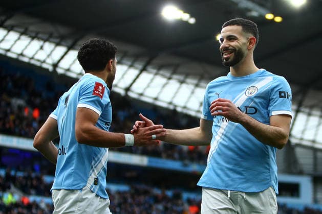 Manchester City v Salford City, Emirates FA Cup Omar Marmoush of Manchester City scores a GOAL 1-0 and celebrates with Rayan AÃ¯t-Nouri of Manchester City during the Manchester City v Salford City Emirates FA Cup 4th Round match at the Etihad Stadium, Manchester, England on 14 February 2026 Credit: Luke Williams Every Second Media Editorial use only. All images are copyright Every Second Media Limited. No images may be reproduced without prior permission. All rights reserved. Premier League and Football League images are subject to licensing agreements with Football DataCo Limited. see https: www.football-dataco.com Copyright: xIMAGO EveryxSecondxMediax ESM-1801-0013 LukexWilliamsx xEveryxSecondxMediax