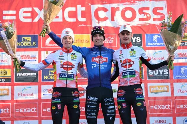 Belgian Michael Vanthourenhout, Belgian Niels Vandeputte and Belgian Gerben Kuypers pictured on the podium after the elite men race of the Waaslandcross cyclocross cycling event, Saturday 14 February 2026 in Sint-Niklaas, the seventh and last race of the Exact Cross competition. DAVIDxPINTENS  x163400922x