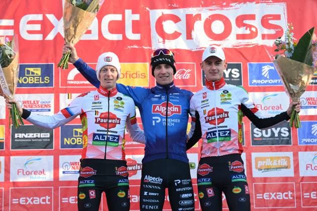 Belgian Michael Vanthourenhout, Belgian Niels Vandeputte and Belgian Gerben Kuypers pictured on the podium after the elite men race of the Waaslandcross cyclocross cycling event, Saturday 14 February 2026 in Sint-Niklaas, the seventh and last race of the Exact Cross competition. DAVIDxPINTENS  x163400936x