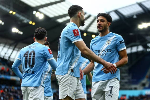 Manchester City v Salford City, Emirates FA Cup Omar Marmoush of Manchester City scores a GOAL 1-0 and celebrates with Rayan AÃ¯t-Nouri of Manchester City during the Manchester City v Salford City Emirates FA Cup 4th Round match at the Etihad Stadium, Manchester, England on 14 February 2026 Credit: Luke Williams Every Second Media Editorial use only. All images are copyright Every Second Media Limited. No images may be reproduced without prior permission. All rights reserved. Premier League and Football League images are subject to licensing agreements with Football DataCo Limited. see https: www.football-dataco.com Copyright: xIMAGO EveryxSecondxMediax ESM-1801-0016 LukexWilliamsx xEveryxSecondxMediax