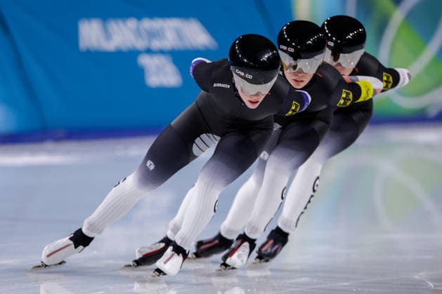 2026-02-14 Speed skating, Eisschnelllauf - Milano Cortina 2026 Winter Olympics - Day 8 MILAN, ITALY - FEBRUARY 14: Josie Hofmann of Germany, Josephine Schloerb of Germany, Lea Sophie Scholz of Germany competing in the Women s Team Pursuit during Day 8 of Speed Skating - Milano Cortina 2026 Winter Olympics at Milano Speed Skating Stadium on February 14, 2026 in Milan, Italy. (Photo by Joris Verwijst BSR Agency) Milan Italy Content not available for redistribution in The Netherlands directly or indirectly through any third parties. Copyright: xBSRxAgencyx