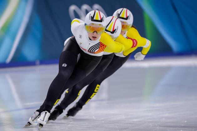 2026-02-14 Speed skating, Eisschnelllauf - Milano Cortina 2026 Winter Olympics - Day 8 MILAN, ITALY - FEBRUARY 14: Sandrine Tas of Belgium, Isabelle van Elst of Belgium, Fran Vanhoutte of Belgium competing in the Women s Team Pursuit during Day 8 of Speed Skating - Milano Cortina 2026 Winter Olympics at Milano Speed Skating Stadium on February 14, 2026 in Milan, Italy. (Photo by Joris Verwijst BSR Agency) Milan Italy Content not available for redistribution in The Netherlands directly or indirectly through any third parties. Copyright: xBSRxAgencyx