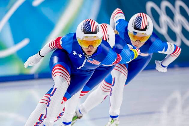 Giorgia Birkeland of United States of America and Brittany Bowe of United States of America and Mia Manganello of United States of America Women s Team Pursuit Quarterfinals, Milano Cortina 2026 Winter Olympics: Day 8, Speed skating, Eisschnelllauf - Milano Cortina 2026 Winter Olympics: Day 8, Milano Speed Skating Stadium, February 14, 2026, Milan, Italy.