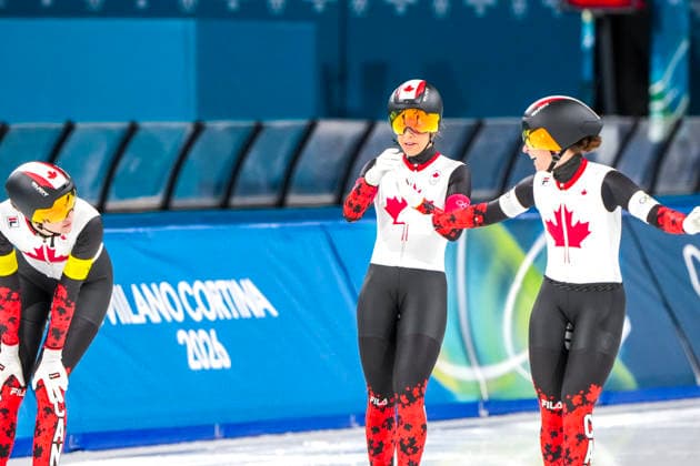2026-02-14 - Milano Cortina 2026 Winter Olympics Speed skating, Eisschnelllauf Women s Team Pursuit MILAN, ITALY - FEBRUARY 14: Isabelle Weidemann of Canada, Ivanie Blondin of Canada, Valerie Maltais of Canada during the Speed Skating Women s Team Pursuit Quarterfinals of the Milano Cortina 2026 Winter Olympics at the Milano Speed Skating Arena on February 14, 2026 in Milan, Italy Milan Milano Speed Skating Arena Italy Content not available for redistribution in The Netherlands directly or indirectly through any third parties. Copyright: xAndrexWeeningx