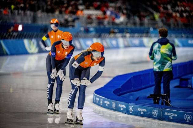 MILAN- quarterfinals of the Team Pursuit at the Olympic Games, Olympische Spiele, Olympia, OS in the women s category Joy Beune, Marijke Groenewoud and Antoinette Rijpma-De Jong will skate Milano Speed skating, Eisschnelllauf Stadium Olympic Winter games, Winterspiele,Spiele, Summer games Milan Cortina 2026 ROBIN UTRECHT ANP netherlands out - belgium out xVIxxIVx 550678813 originalFilename: 550678813.jpg