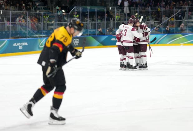 (260214) -- MILAN, Feb. 14, 2026 -- Players of Latvia celebrate a goal during the Ice hockey, Eishockey men s preliminary round group C match between Germany and Latvia of the Milan-Cortina 2026 Olympic Winter games, Winterspiele,Spiele, Summer games in Milan, Italy, Feb. 14, 2026. ) (MICO2026)ITALY-MILAN-OLYMPIC WINTER GAMES-ICE HOCKEY-MEN-PRELIMINARY-GER VS LAT SunxFei 
