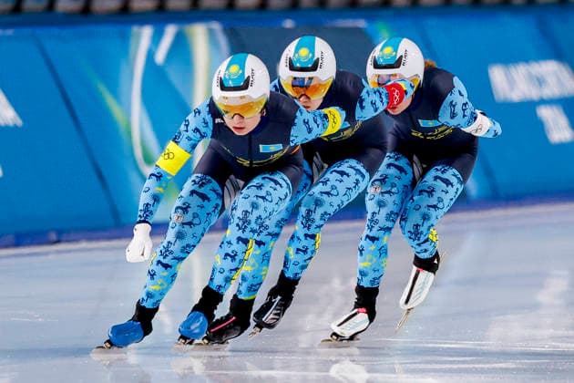 Milano Cortina 2026 Winter Olympics, Speed skating, Eisschnelllauf Italy Elizaveta Golubeva, Arina Ilyachshenko and Nadezhda Morozova of Kazakhstan competing in the Speed Skating Women s Team Pursuit Quarterfinals on Day 8 of the Milano Cortina 2026 Winter Olympics at the Milano Speed Skating Stadium in Milan, Italy, February 14, 2026. Milan Italy  Copyright: xMatrixxImagesx xHenkxJanxDijksx