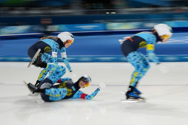 Team Kazakhstan competing for the Olympic Speed skating, Eisschnelllauf Women s Team Pursuit Quarterfinals for the Milano Cortina 2026 Winter Olympics, in Milan (Italy) February 14, 2026 (Photo Claudio Furlan LaPresse)  Copyright: xClaudioxFurlan LaPressex