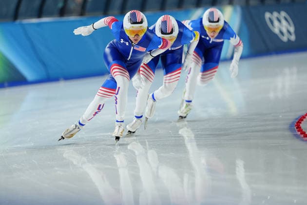 Team USA competing for the Olympic Speed skating, Eisschnelllauf Women s Team Pursuit Quarterfinals for the Milano Cortina 2026 Winter Olympics, in Milan (Italy) February 14, 2026 (Photo Claudio Furlan LaPresse)  Copyright: xClaudioxFurlan LaPressex
