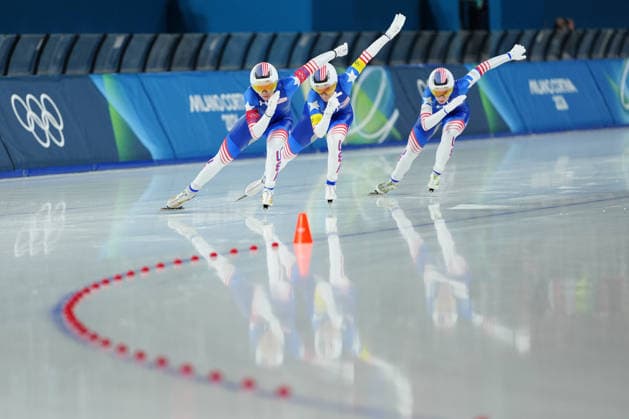 Team USA competing for the Olympic Speed skating, Eisschnelllauf Women s Team Pursuit Quarterfinals for the Milano Cortina 2026 Winter Olympics, in Milan (Italy) February 14, 2026 (Photo Claudio Furlan LaPresse)  Copyright: xClaudioxFurlan LaPressex