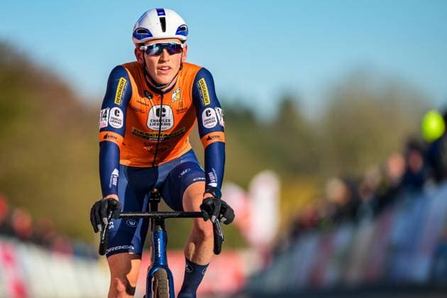 Belgian Victor Van de Putte crosses the finish line at the elite men race of the Waaslandcross cyclocross cycling event, Saturday 14 February 2026 in Sint-Niklaas, the seventh and last race of the Exact Cross competition. DAVIDxPINTENS  x163407268x