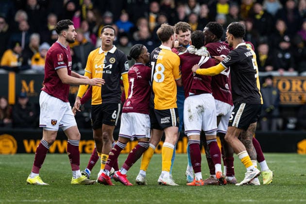 14th February 2026; Pirelli Stadium, Burton, West Staffordshire, England; FA Cup Football, Burton Albion versus West Ham United; Tempers flare at the Pirelli Stadium  GodfreyxPitt Content restricted for UK based newspaper