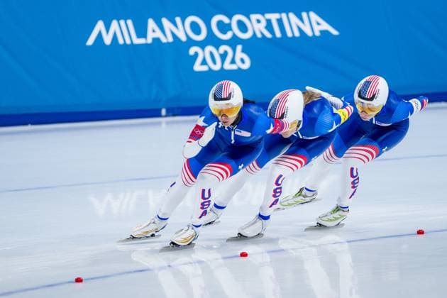 Team United States of America pictured in action during the quarterfinals of the Women s Team Pursuit Speed skating, Eisschnelllauf at the Milano Cortina 2026 Olympic Winter games, Winterspiele,Spiele, Summer games on Saturday 14 February 2026 in Milan, Italy. The XXV Winter Olympics take place from 6 to 22 February 2026 in Italy. JASPERxJACOBS  x163409148x