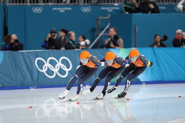 Winter Olympics - Speed skating, Eisschnelllauf Women s Team Pursuit Quarterfinals Team of Netherlands compete during the Speed Skating Women s Team Pursuit quarterfinals at the Olympic Winter games, Winterspiele,Spiele, Summer games Milan Cortina 2026, on February 14, 2026, at the Milano Speed Skating Stadium, in Milan, Italy. Photo by Alexis Jumeau ABACAPRESS.COM  Copyright: xJumeauxAlexis ABACAx