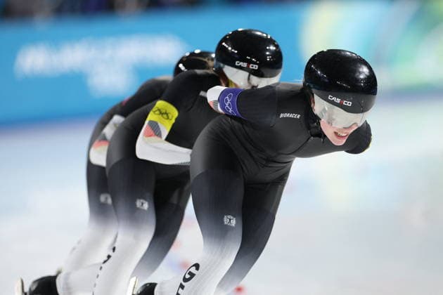 Winter Olympics - Speed skating, Eisschnelllauf Women s Team Pursuit Quarterfinals Team of Germany compete during the Speed Skating Women s Team Pursuit quarterfinals at the Olympic Winter games, Winterspiele,Spiele, Summer games Milan Cortina 2026, on February 14, 2026, at the Milano Speed Skating Stadium, in Milan, Italy. Photo by Alexis Jumeau ABACAPRESS.COM  Copyright: xJumeauxAlexis ABACAx