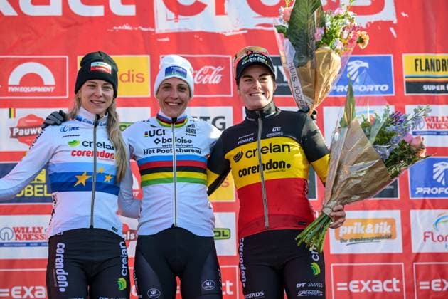 Dutch Inge van der Heijden, Dutch Lucinda Brand and Belgian Marion Norbert Riberolle pictured on the podium after the elite women race of the Waaslandcross cyclocross cycling event, Saturday 14 February 2026 in Sint-Niklaas, the seventh and last race of the Exact Cross competition. DAVIDxPINTENS  x163411268x
