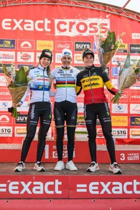 Dutch Inge van der Heijden, Dutch Lucinda Brand and Belgian Marion Norbert Riberolle pictured on the podium after the elite women race of the Waaslandcross cyclocross cycling event, Saturday 14 February 2026 in Sint-Niklaas, the seventh and last race of the Exact Cross competition. DAVIDxPINTENS  x163411331x