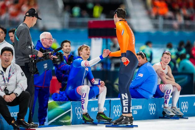 2026-02-14 - Milano Cortina 2026 Winter Olympics 500m Men MILAN, ITALY - FEBRUARY 14: Jenning De Boo of Netherlands, Jordan Stolz of United States of America during the 500m Men of the Milano Cortina 2026 Winter Olympics at the Milano Speed skating, Eisschnelllauf Arena on February 14, 2026 in Milan, Italy Milan Milano Speed Skating Arena Italy Content not available for redistribution in The Netherlands directly or indirectly through any third parties. Copyright: xAndrexWeeningx