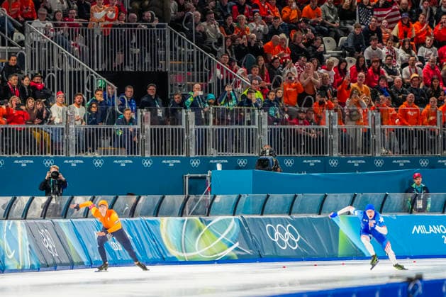 2026-02-14 - Milano Cortina 2026 Winter Olympics 500m Men MILAN, ITALY - FEBRUARY 14: Jenning De Boo of Netherlands, Jordan Stolz of United States of America during the 500m Men of the Milano Cortina 2026 Winter Olympics at the Milano Speed skating, Eisschnelllauf Arena on February 14, 2026 in Milan, Italy Milan Milano Speed Skating Arena Italy Content not available for redistribution in The Netherlands directly or indirectly through any third parties. Copyright: xAndrexWeeningx
