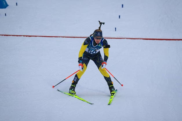 Antholz, Italien 14. Februar 2026: Biathlon Sprint Frauen 7,5 km - Olympia 2026 Im Bild: Anna Magnusson (SWE) im Zielbereich. Anterselva Biathlon Arena *** Antholz, Italy 14 February 2026 Biathlon Sprint Women 7.5 km Olympia 2026 In the picture Anna Magnusson SWE in the finish area Anterselva Biathlon Arena Copyright: xFotostandx xHettichx
