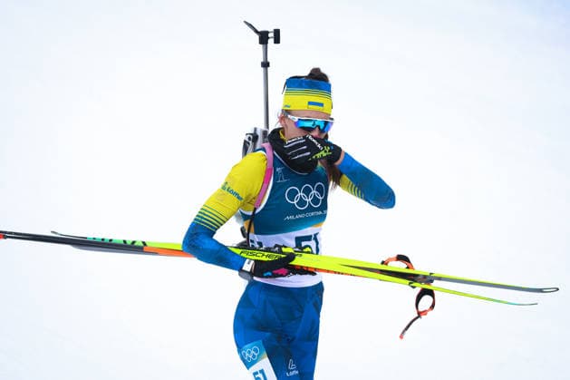 Antholz, Italien 14. Februar 2026: Biathlon Sprint Frauen 7,5 km - Olympia 2026 Im Bild: Olena Horodna (UKR) unzufrieden im Zielbereich. Anterselva Biathlon Arena *** Antholz, Italy 14 February 2026 Biathlon Sprint Women 7.5 km Olympia 2026 In the picture Olena Horodna UKR unhappy in the finish area Anterselva Biathlon Arena Copyright: xFotostandx xHettichx
