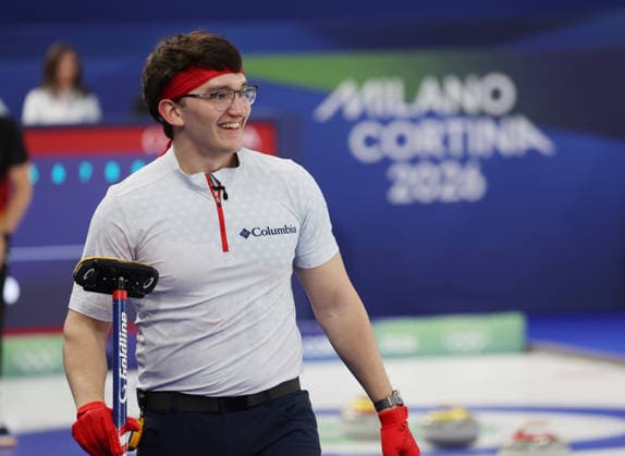 USA s Aidan Oldenburg celebrates victory over Germany in the Round Robin Team Curling match at the 2026 Winter Olympics in Cortina, Italy on Saturday February 14, 2026. USA won the match 8-6.  OLY20260214618 HUGOxPHILPOTT