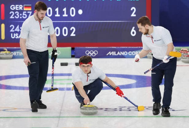 USA s Aidan Oldenburg releases the stone in the match against Germany in the Round Robin Team Curling match at the 2026 Winter Olympics in Cortina, Italy on Saturday February 14, 2026. USA won the match 8-6.  OLY20260214624 HUGOxPHILPOTT