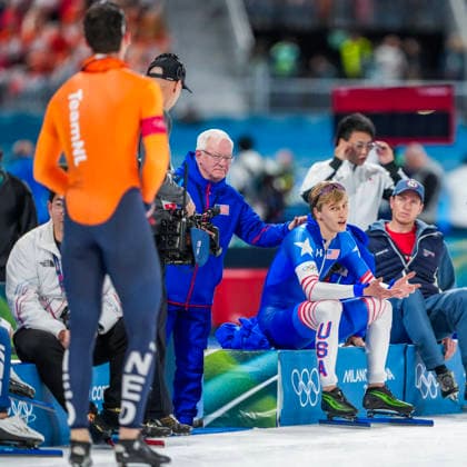 2026-02-14 - Milano Cortina 2026 Winter Olympics 500m Men MILAN, ITALY - FEBRUARY 14: Jenning De Boo of Netherlands, Bob Corby, Jordan Stolz of United States of America during the 500m Men of the Milano Cortina 2026 Winter Olympics at the Milano Speed skating, Eisschnelllauf Arena on February 14, 2026 in Milan, Italy Milan Milano Speed Skating Arena Italy Content not available for redistribution in The Netherlands directly or indirectly through any third parties. Copyright: xAndrexWeeningx
