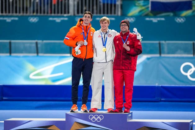 2026-02-14 - Milano Cortina 2026 Winter Olympics 500m Men MILAN, ITALY - FEBRUARY 14: Jenning De Boo of Netherlands, Jordan Stolz of United States of America, Laurent Dubreuil of Canada during the 500m Men of the Milano Cortina 2026 Winter Olympics at the Milano Speed skating, Eisschnelllauf Arena on February 14, 2026 in Milan, Italy Milan Milano Speed Skating Arena Italy Content not available for redistribution in The Netherlands directly or indirectly through any third parties. Copyright: xAndrexWeeningx