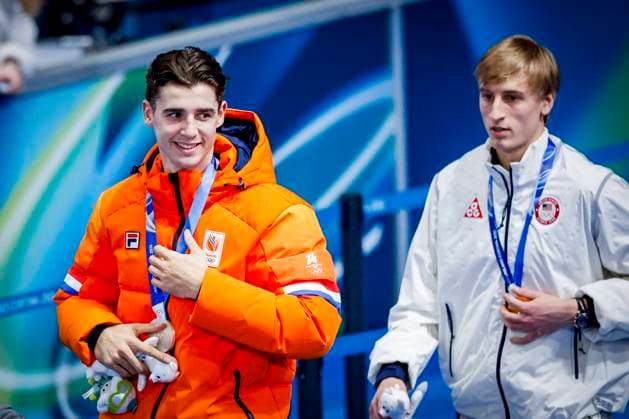 second Jenning de Boo of the Netherlands and winner Jordan Stolz of United States of America looks on after Men s 500m, Milano Cortina 2026 Winter Olympics: Day 8, Speed skating, Eisschnelllauf - Milano Cortina 2026 Winter Olympics: Day 8, Milano Speed Skating Stadium, February 14, 2026, Milan, Italy.