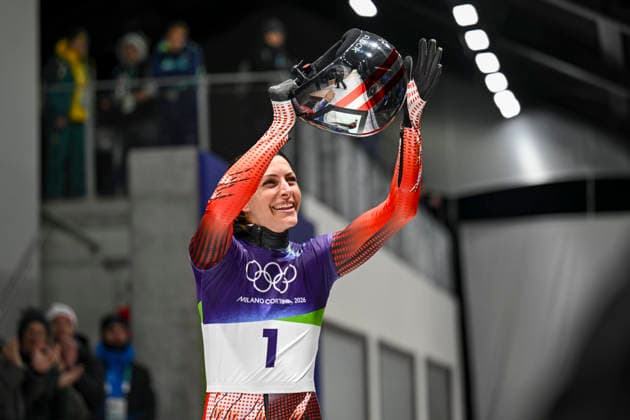 OLYMPICS - Winter Olympic Games, Olympische Spiele, Olympia, OS Milano Cortina 2026 CORTINA D AMPEZZO,ITALY,14.FEB.26 - OLYMPICS, SKELETON - Winter Olympic Games Milano Cortina 2026, women. Image shows the rejoicing of Janine Flock (AUT).  GEPAxpictures xAlexanderxSolc