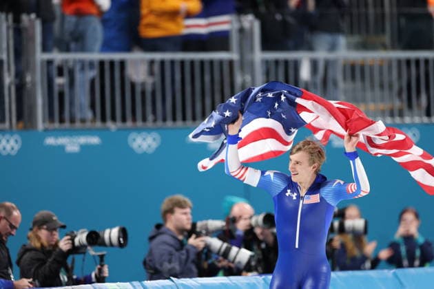 Winter Olympics - Speed skating, Eisschnelllauf Men s 500m Jordan Stolz of USA celebrates during the Speed Skating Men s 500m at the Olympic Winter games, Winterspiele,Spiele, Summer games Milan Cortina 2026, on February 14, 2026, at the Milano Speed Skating Stadium, in Milan, Italy. Photo by Alexis Jumeau ABACAPRESS.COM Milan Italy  Copyright: xJumeauxAlexis ABACAx