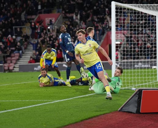 Southampton v Leicester City, FA Cup Fourth round, Football, St Marys Stadium, Southampton, UK - 14 Feb 2026 GOAL - James Bree of Southampton scores and put Saints I™m front during extra time. Southampton St Marys Stadium Southampton GBR, UK NEWSPAPERS OUT Copyright: xSeanxRyanx
